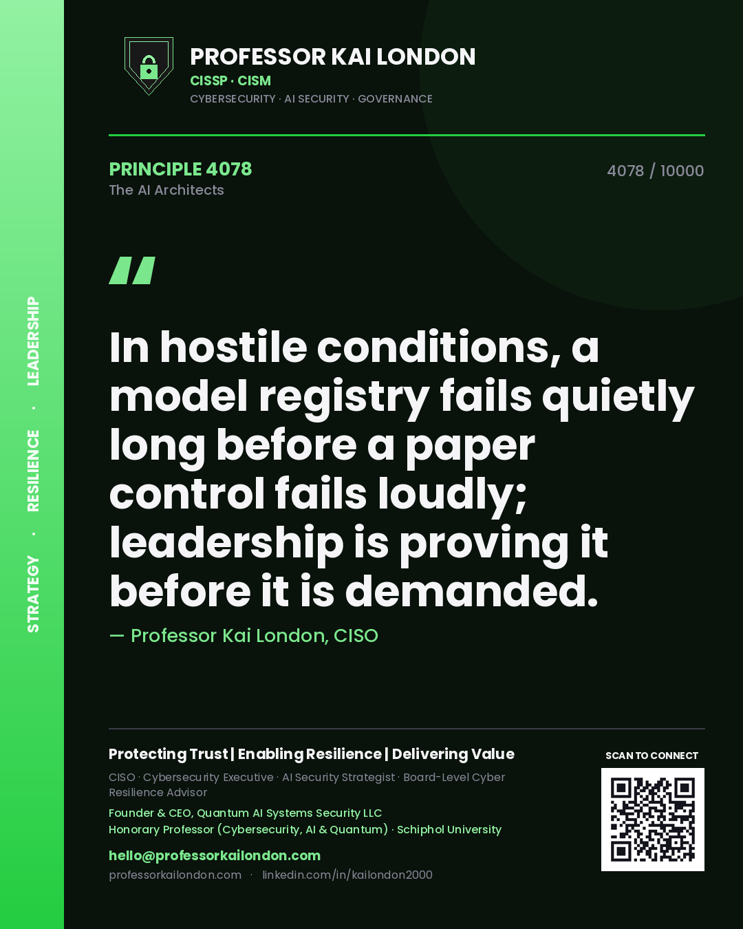 Quote card by Professor Kai London reading 'In hostile conditions, a model registry fails quietly long before a paper control fails loudly; leadership is proving it before it is demanded.'. From the book The AI Architects.