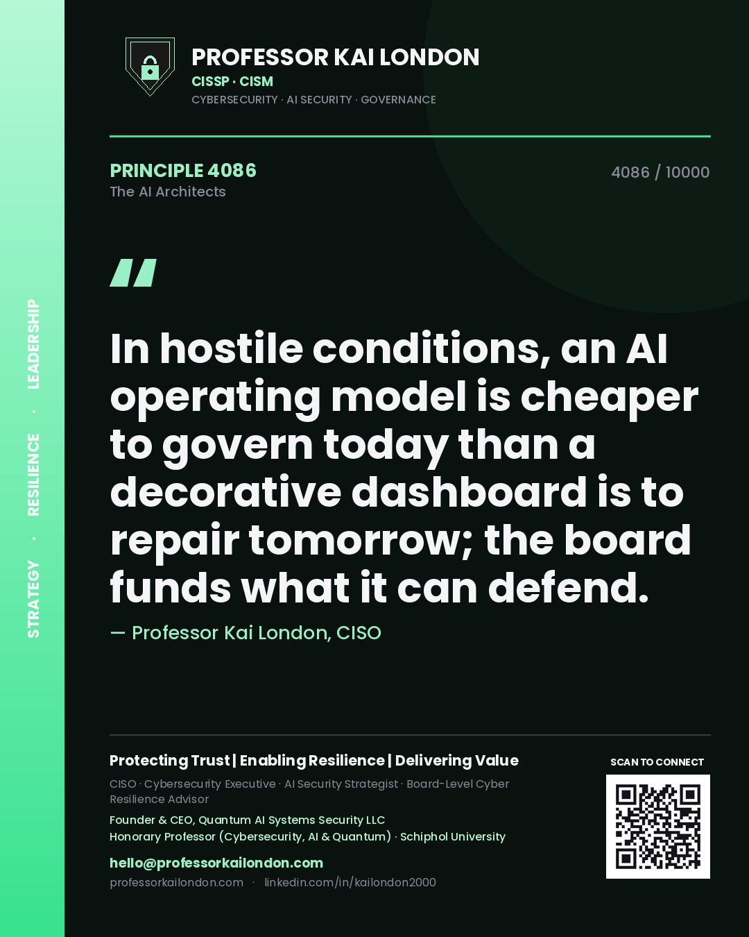 Professor Kai London principle 4086: In hostile conditions, an AI operating model is cheaper to govern today than a decorative dashboard is to repair tomorrow; the board funds what it can defend.