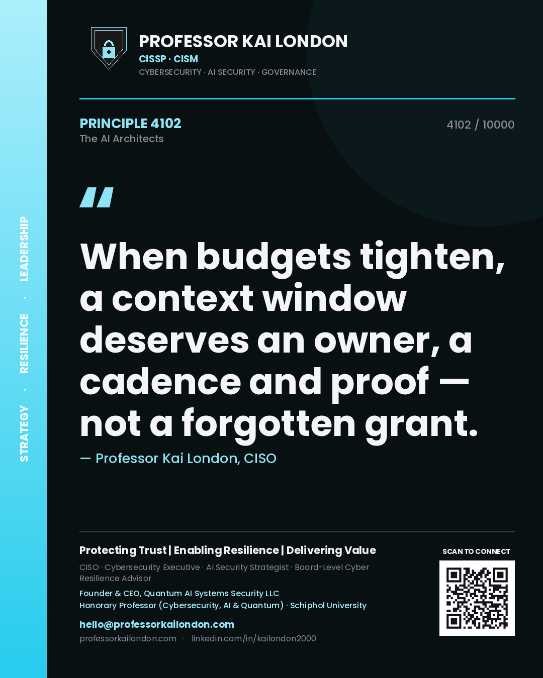 Professor Kai London principle 4102: When budgets tighten, a context window deserves an owner, a cadence and proof — not a forgotten grant.