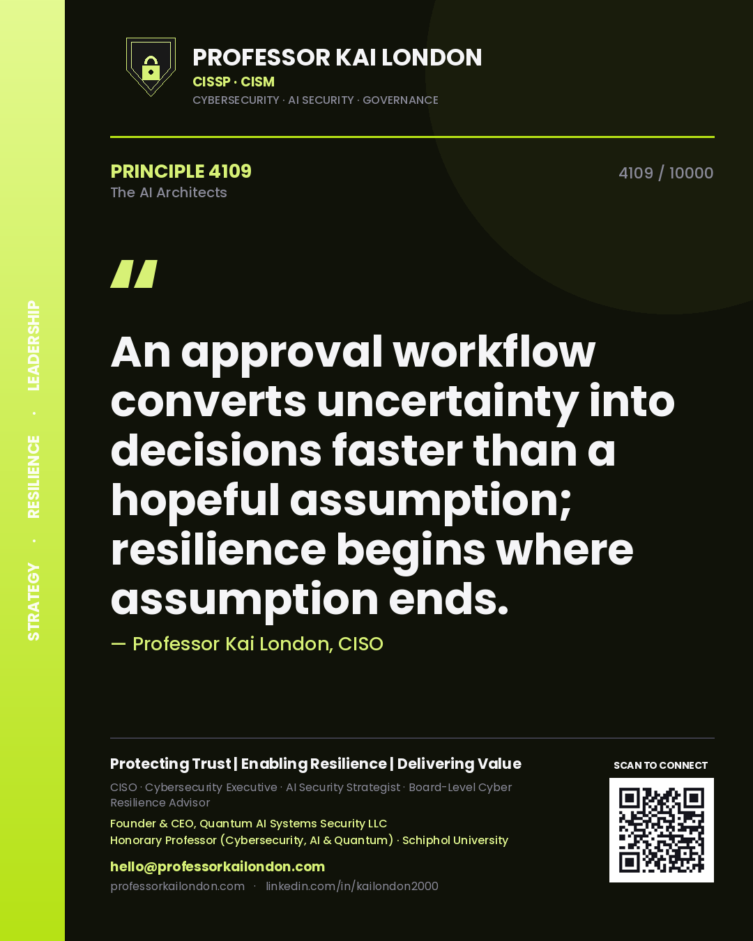 Quote card by Professor Kai London reading 'An approval workflow converts uncertainty into decisions faster than a hopeful assumption; resilience begins where assumption ends.'. From the book The AI Architects.