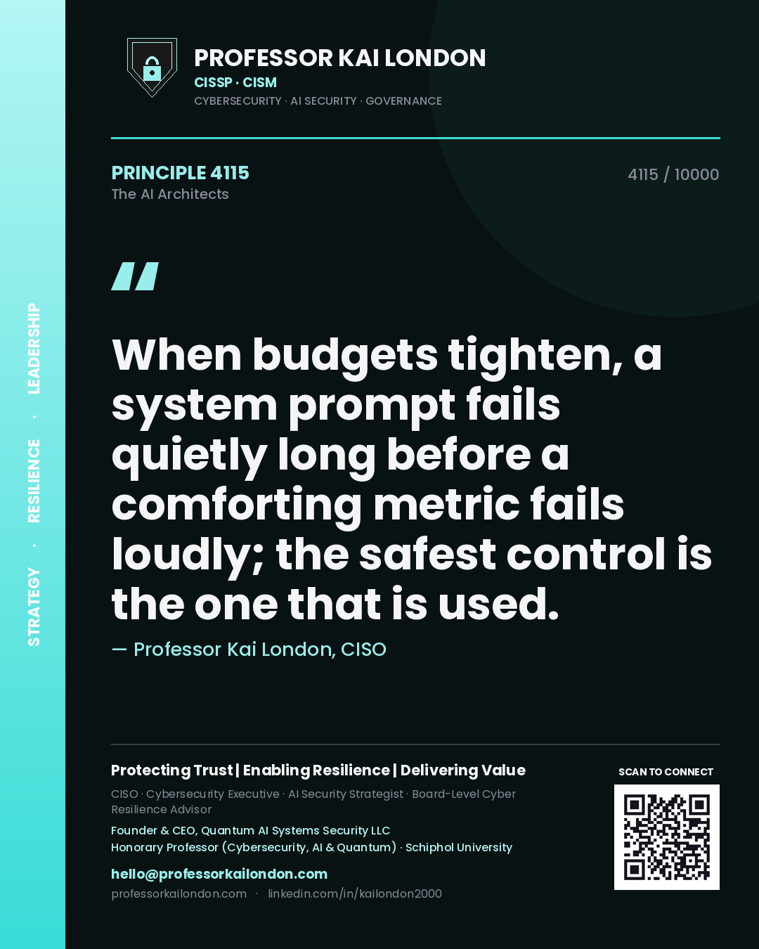Professor Kai London principle 4115: When budgets tighten, a system prompt fails quietly long before a comforting metric fails loudly; the safest control is the one that is used.