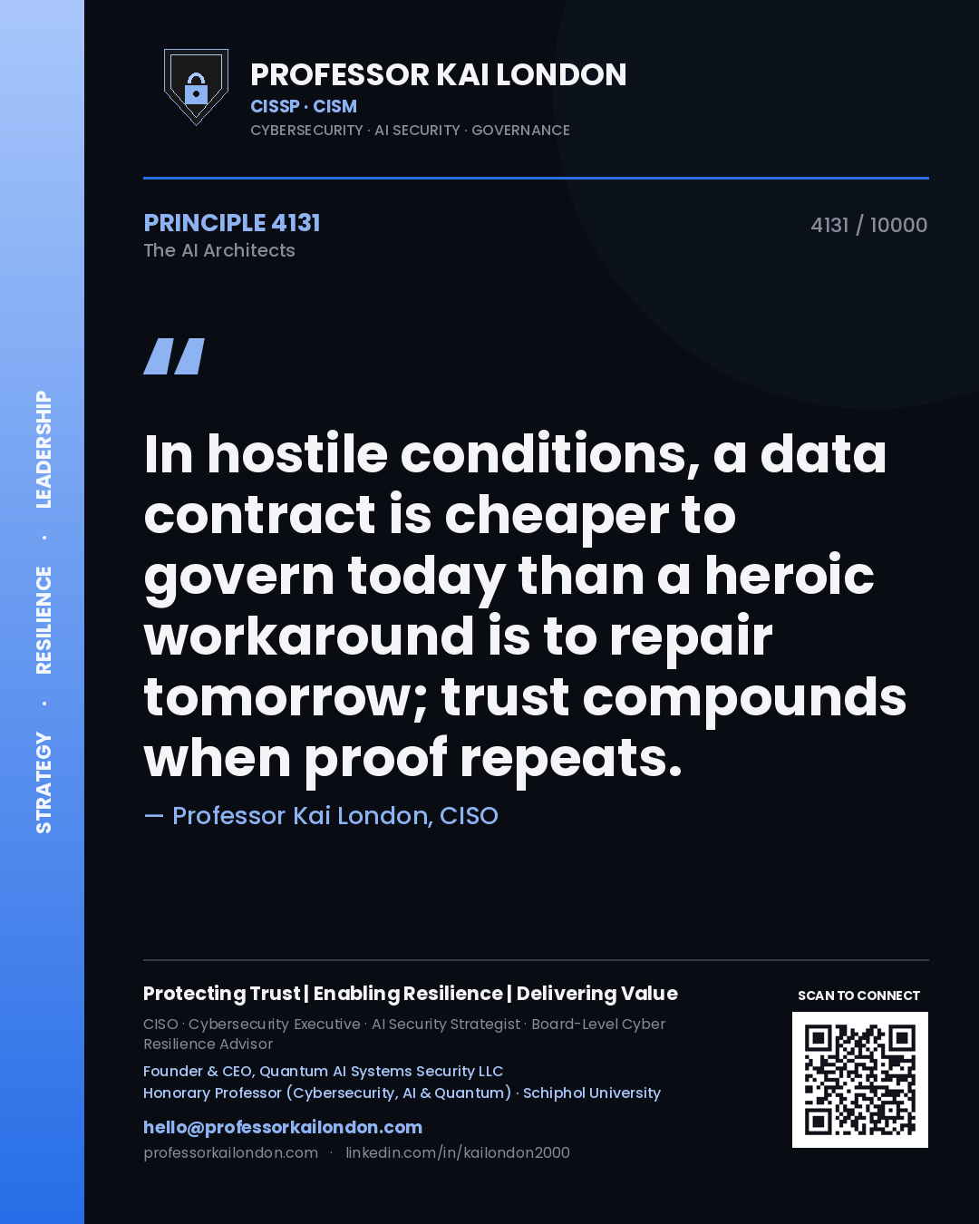 Professor Kai London principle 4131: In hostile conditions, a data contract is cheaper to govern today than a heroic workaround is to repair tomorrow; trust compounds when proof repeats.