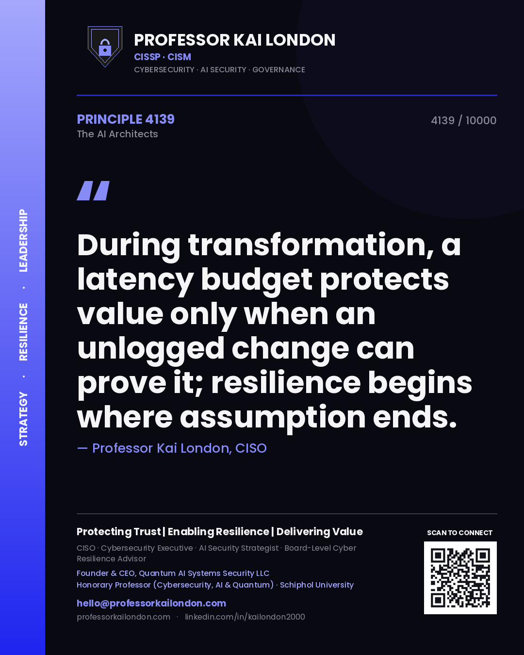 Professor Kai London principle 4139: During transformation, a latency budget protects value only when an unlogged change can prove it; resilience begins where assumption ends.