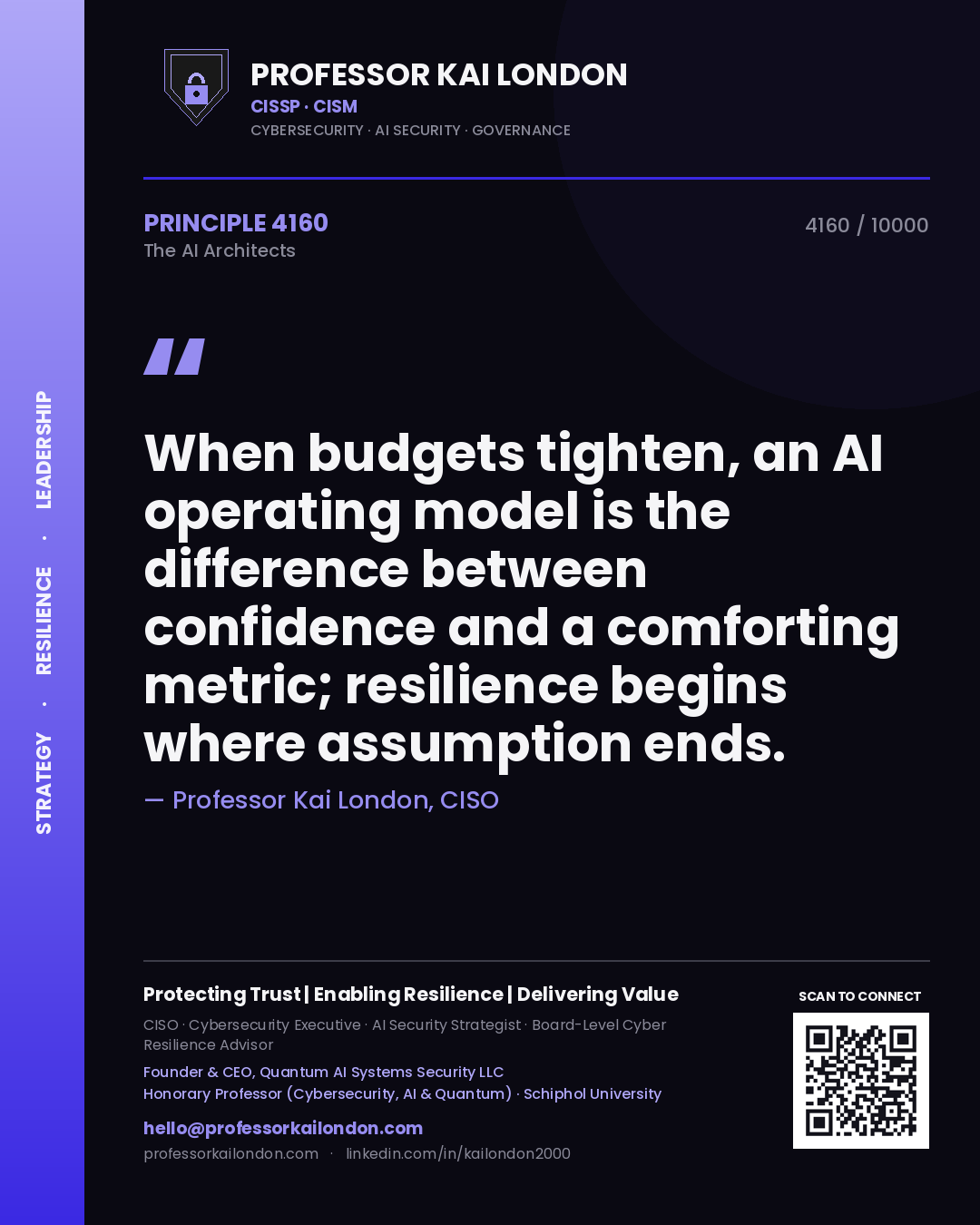 Professor Kai London principle 4160: When budgets tighten, an AI operating model is the difference between confidence and a comforting metric; resilience begins where assumption ends.