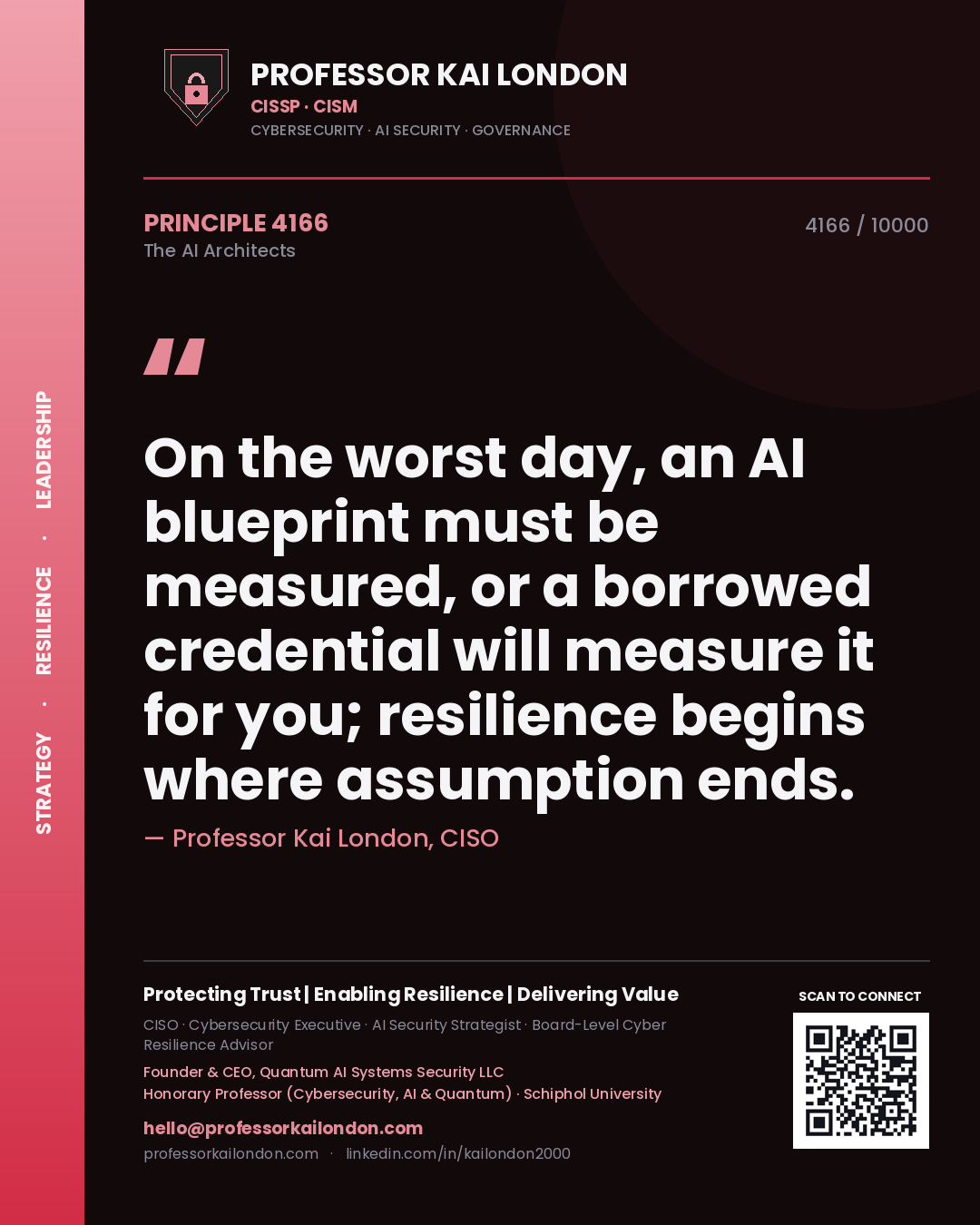 Professor Kai London principle 4166: On the worst day, an AI blueprint must be measured, or a borrowed credential will measure it for you; resilience begins where assumption ends.