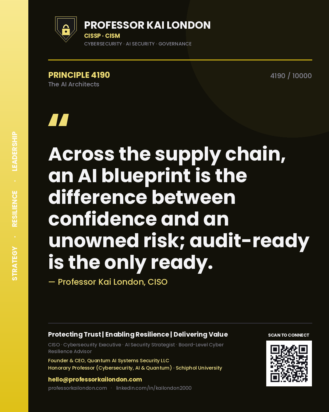 Professor Kai London principle 4190: Across the supply chain, an AI blueprint is the difference between confidence and an unowned risk; audit-ready is the only ready.