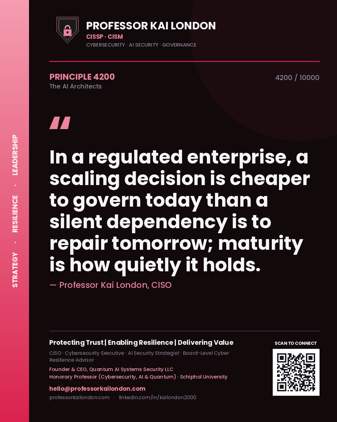 Quote card by Professor Kai London reading 'In a regulated enterprise, a scaling decision is cheaper to govern today than a silent dependency is to repair tomorrow; maturity is how quietly it holds.'. From the book The AI Architects.