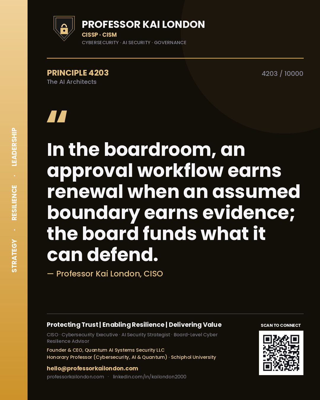 Quote card by Professor Kai London reading 'In the boardroom, an approval workflow earns renewal when an assumed boundary earns evidence; the board funds what it can defend.'. From the book The AI Architects.