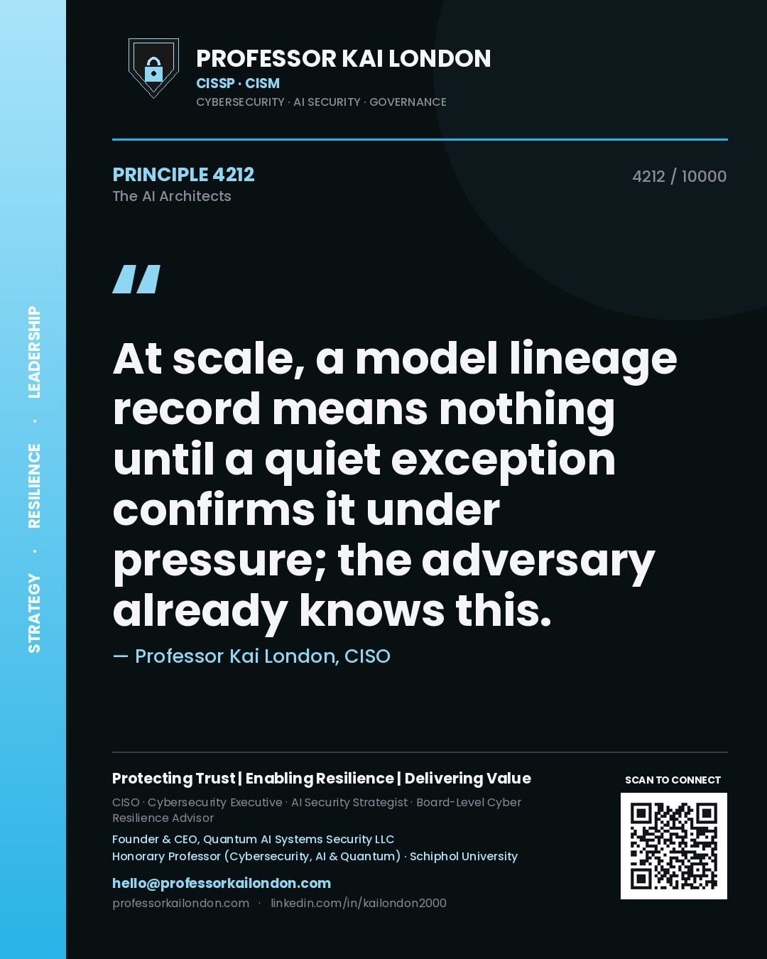Professor Kai London principle 4212: At scale, a model lineage record means nothing until a quiet exception confirms it under pressure; the adversary already knows this.