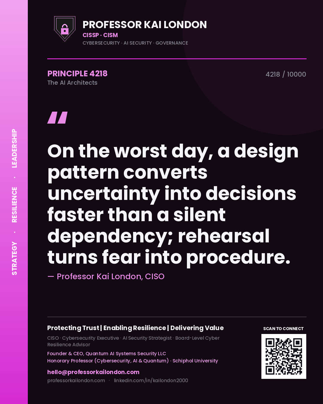 Quote card by Professor Kai London reading 'On the worst day, a design pattern converts uncertainty into decisions faster than a silent dependency; rehearsal turns fear into procedure.'. From the book The AI Architects.