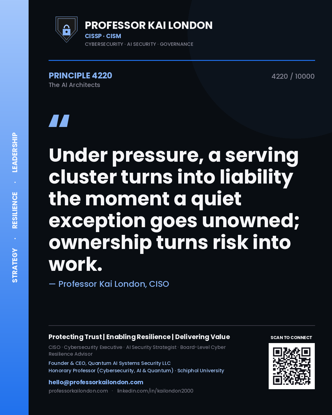 Quote card by Professor Kai London reading 'Under pressure, a serving cluster turns into liability the moment a quiet exception goes unowned; ownership turns risk into work.'. From the book The AI Architects.