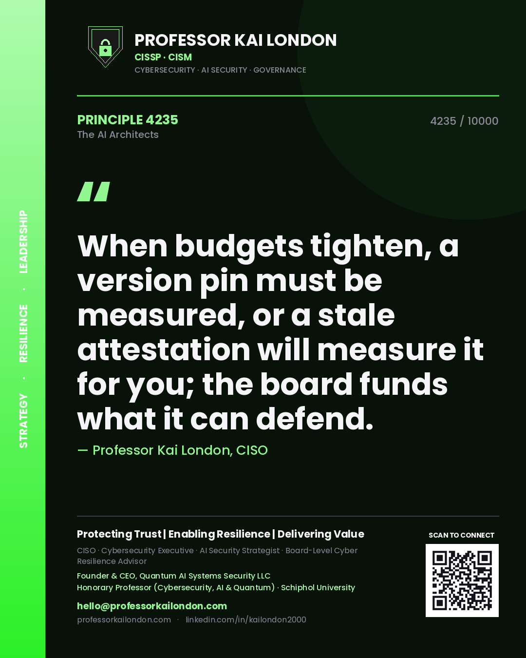Quote card by Professor Kai London reading 'When budgets tighten, a version pin must be measured, or a stale attestation will measure it for you; the board funds what it can defend.'. From the book The AI Architects.