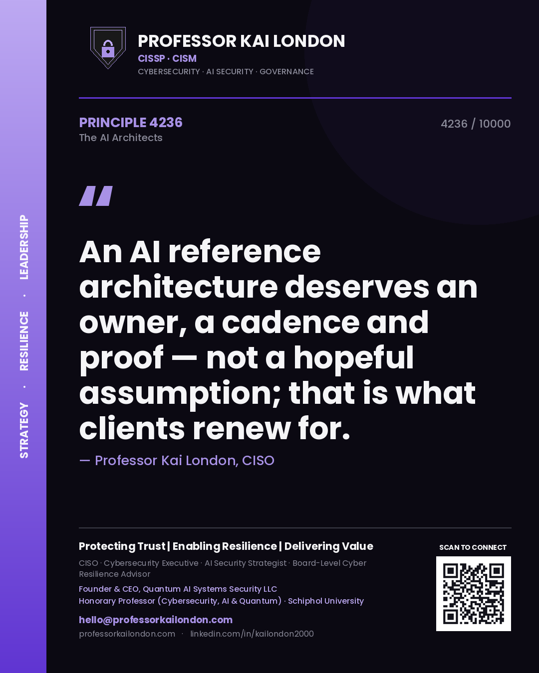 Professor Kai London principle 4236: An AI reference architecture deserves an owner, a cadence and proof — not a hopeful assumption; that is what clients renew for.