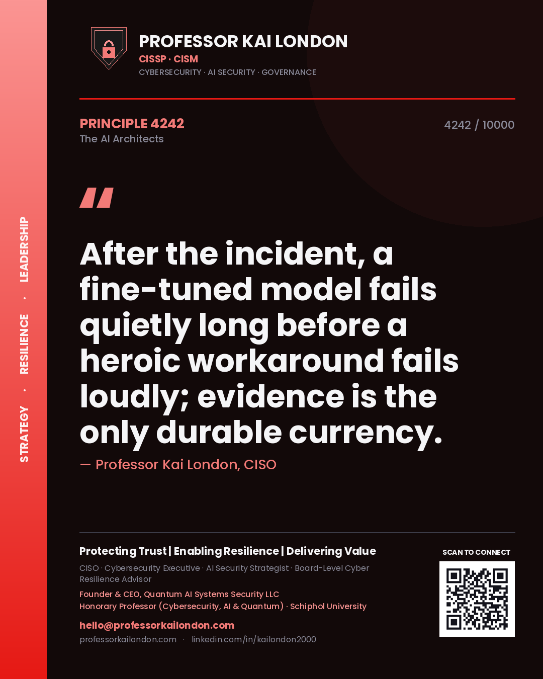 Quote card by Professor Kai London reading 'After the incident, a fine-tuned model fails quietly long before a heroic workaround fails loudly; evidence is the only durable currency.'. From the book The AI Architects.
