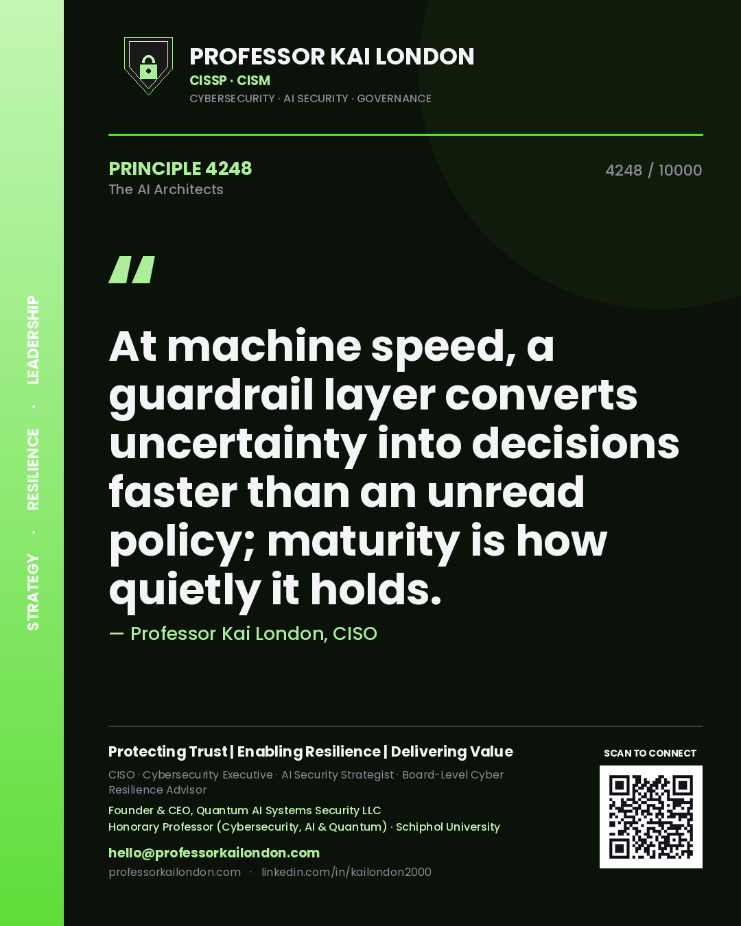 Quote card by Professor Kai London reading 'At machine speed, a guardrail layer converts uncertainty into decisions faster than an unread policy; maturity is how quietly it holds.'. From the book The AI Architects.