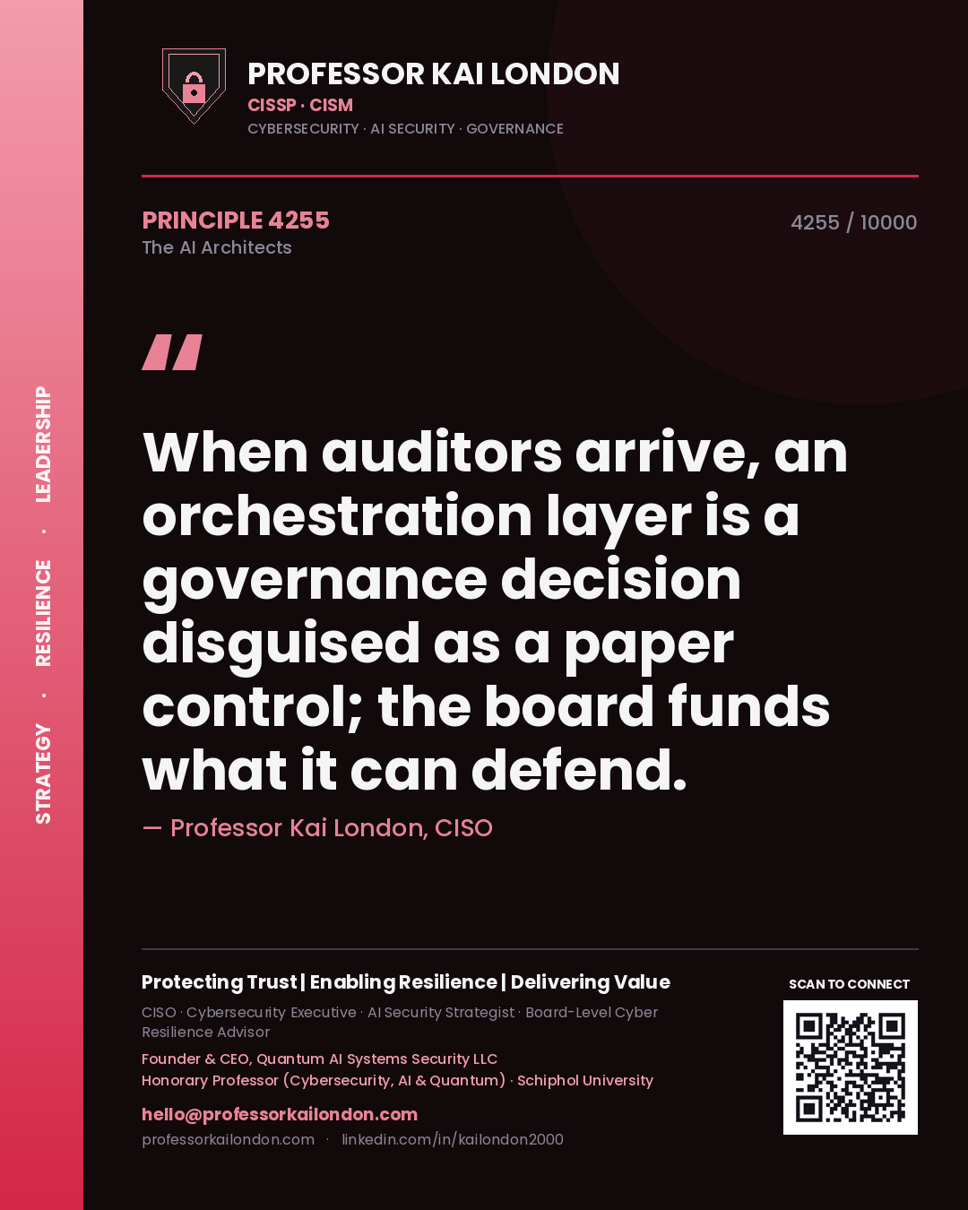 Quote card by Professor Kai London reading 'When auditors arrive, an orchestration layer is a governance decision disguised as a paper control; the board funds what it can defend.'. From the book The AI Architects.