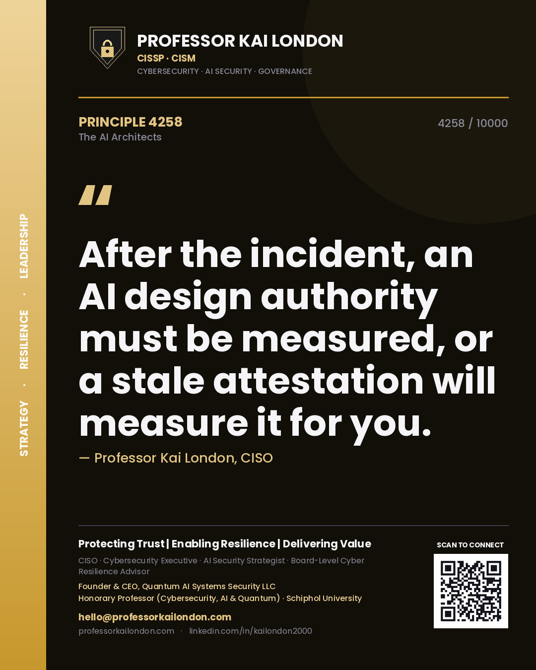 Quote card by Professor Kai London reading 'After the incident, an AI design authority must be measured, or a stale attestation will measure it for you.'. From the book The AI Architects.