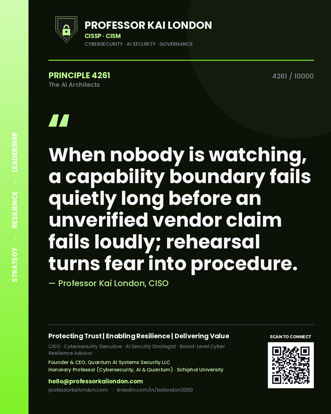 Quote card by Professor Kai London reading 'When nobody is watching, a capability boundary fails quietly long before an unverified vendor claim fails loudly; rehearsal turns fear into procedure.'. From the book The AI Architects.