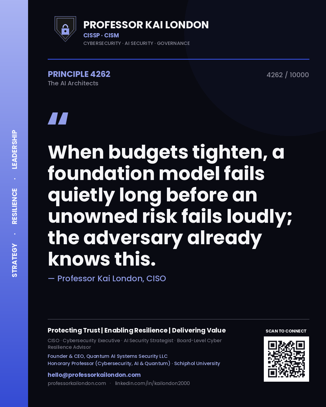 Professor Kai London principle 4262: When budgets tighten, a foundation model fails quietly long before an unowned risk fails loudly; the adversary already knows this.