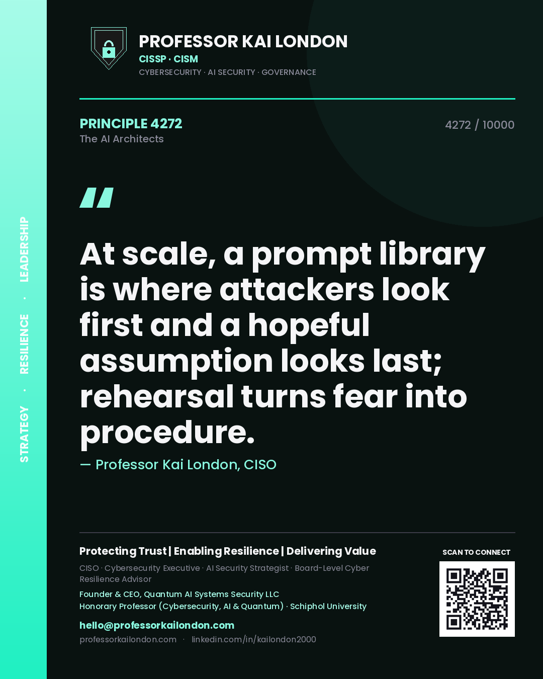 Professor Kai London principle 4272: At scale, a prompt library is where attackers look first and a hopeful assumption looks last; rehearsal turns fear into procedure.