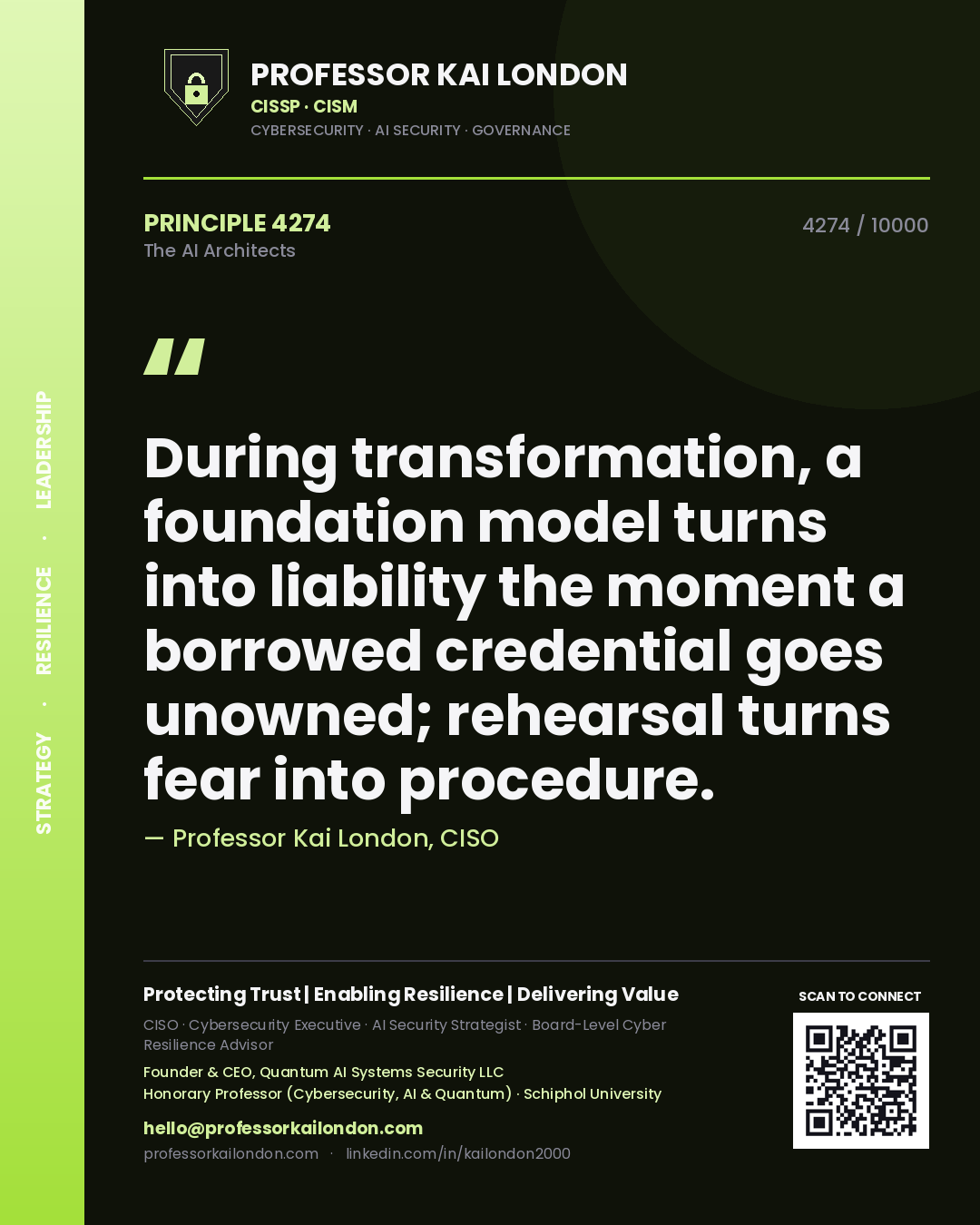 Quote card by Professor Kai London reading 'During transformation, a foundation model turns into liability the moment a borrowed credential goes unowned; rehearsal turns fear into procedure.'. From the book The AI Architects.