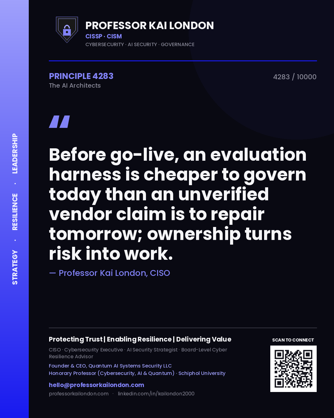 Professor Kai London principle 4283: Before go-live, an evaluation harness is cheaper to govern today than an unverified vendor claim is to repair tomorrow; ownership turns risk into work.