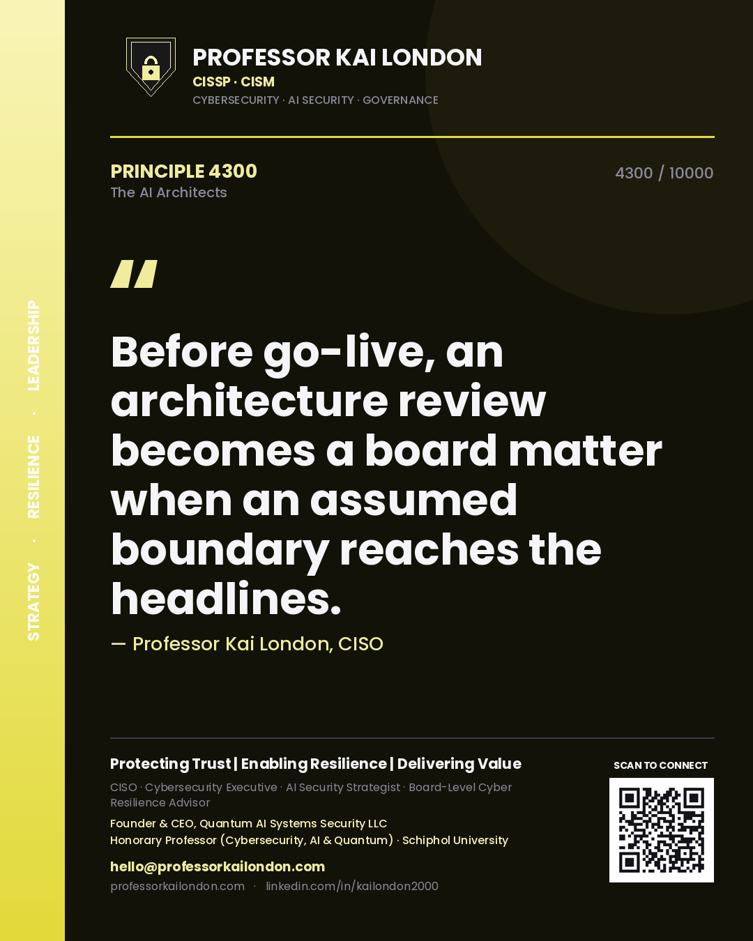 Quote card by Professor Kai London reading 'Before go-live, an architecture review becomes a board matter when an assumed boundary reaches the headlines.'. From the book The AI Architects.