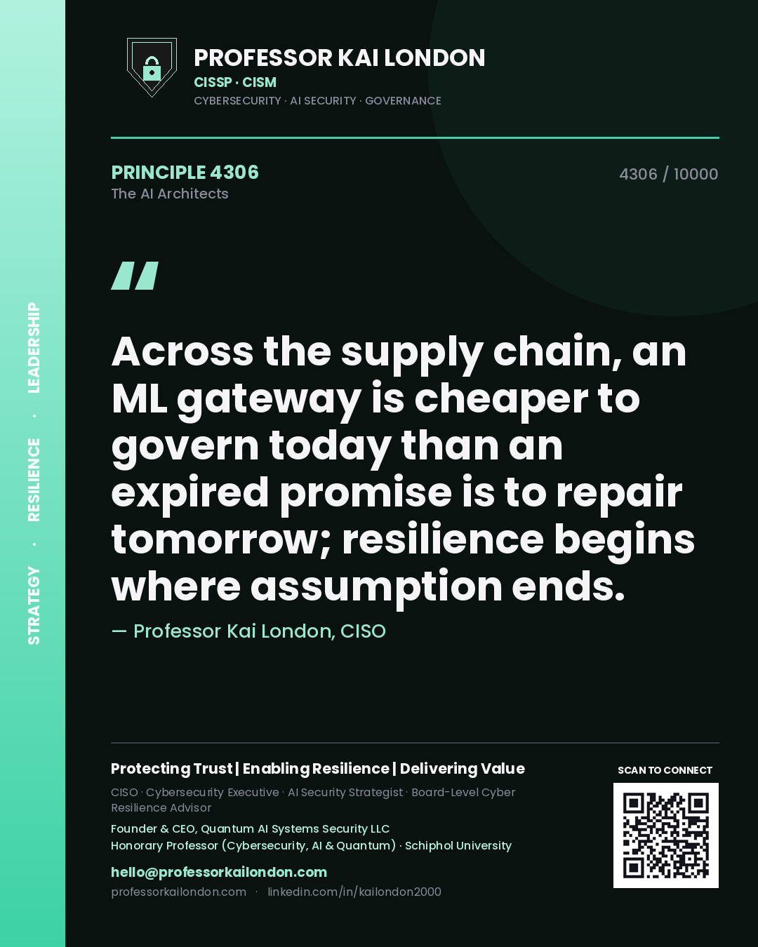 Professor Kai London principle 4306: Across the supply chain, an ML gateway is cheaper to govern today than an expired promise is to repair tomorrow; resilience begins where assumption ends.