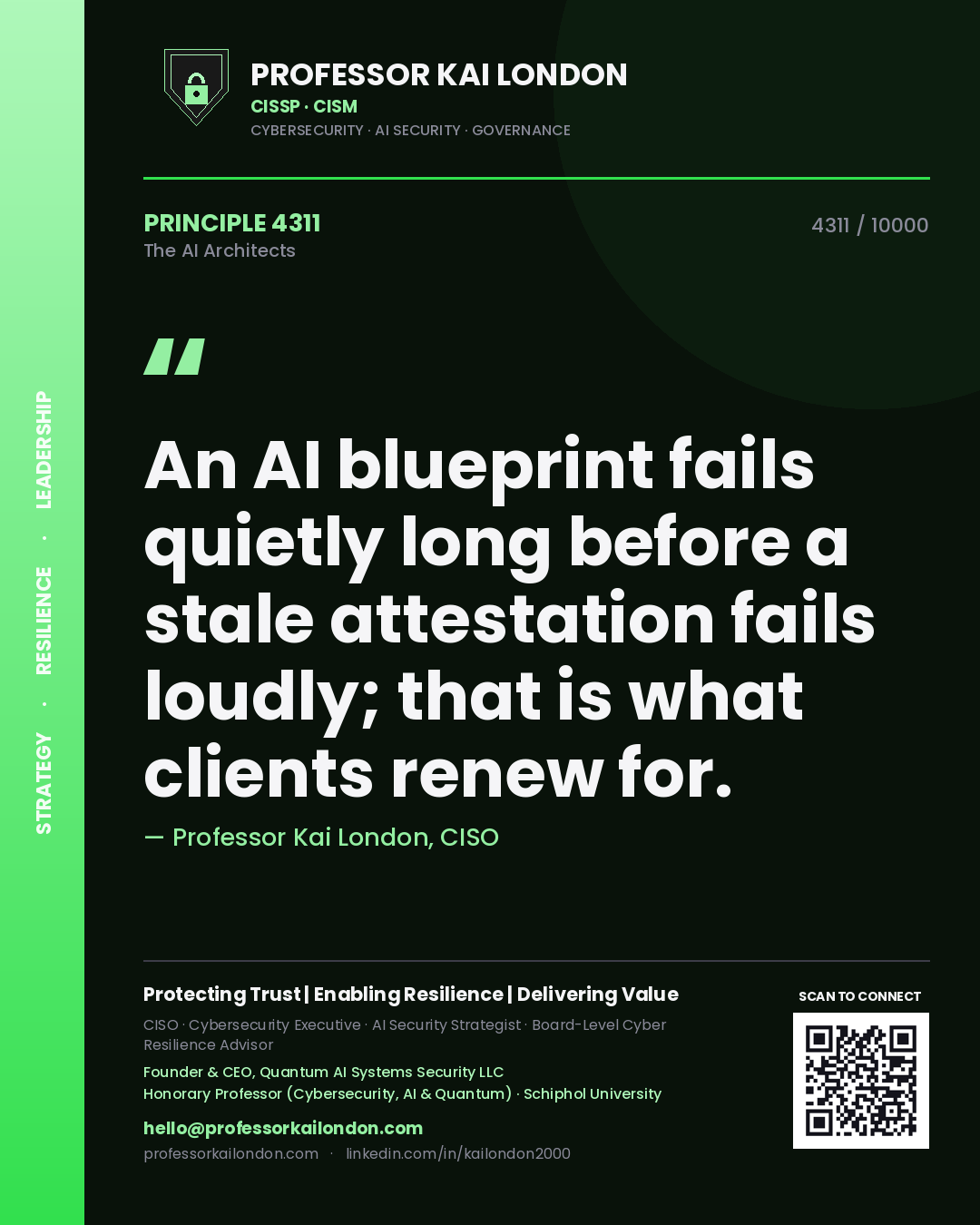 Professor Kai London principle 4311: An AI blueprint fails quietly long before a stale attestation fails loudly; that is what clients renew for.