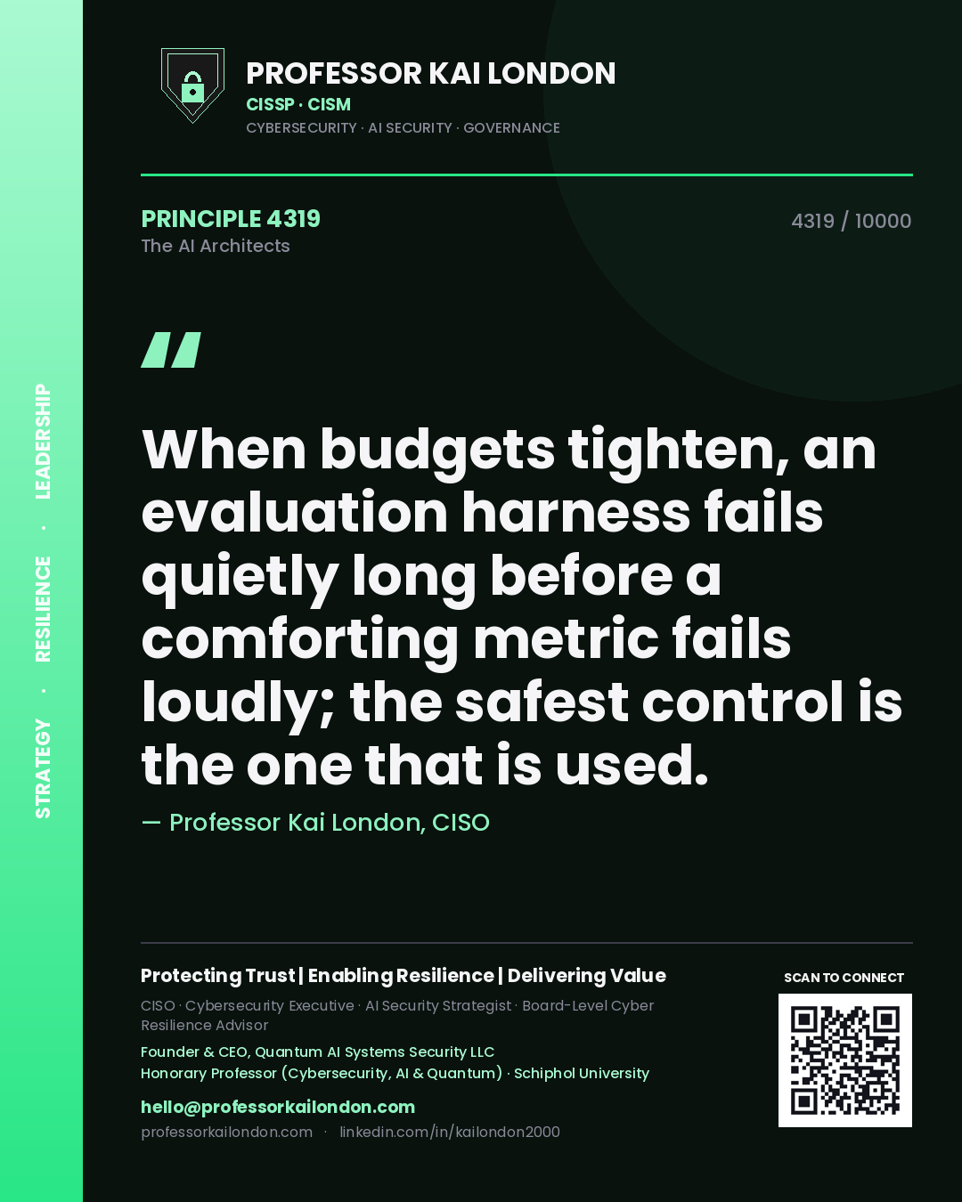 Professor Kai London principle 4319: When budgets tighten, an evaluation harness fails quietly long before a comforting metric fails loudly; the safest control is the one that is used.