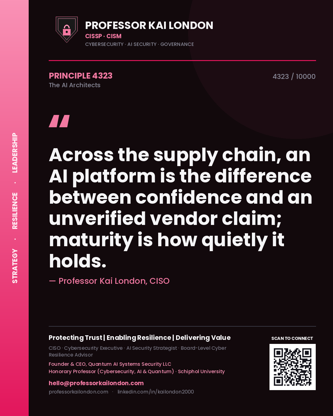 Quote card by Professor Kai London reading 'Across the supply chain, an AI platform is the difference between confidence and an unverified vendor claim; maturity is how quietly it holds.'. From the book The AI Architects.