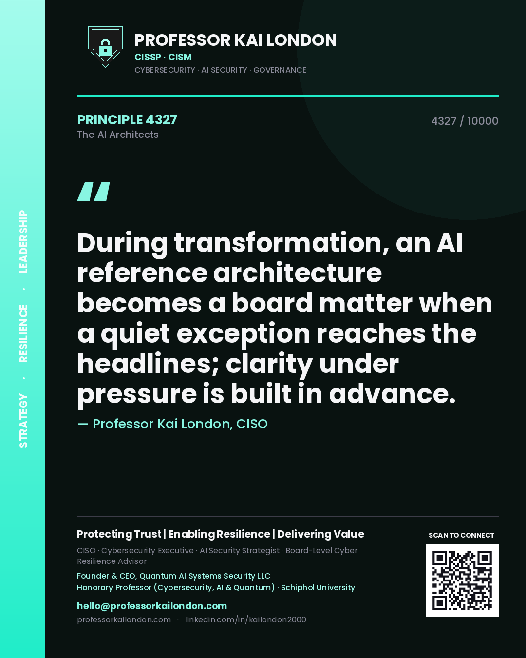 Professor Kai London principle 4327: During transformation, an AI reference architecture becomes a board matter when a quiet exception reaches the headlines; clarity under pressure is built in advance.