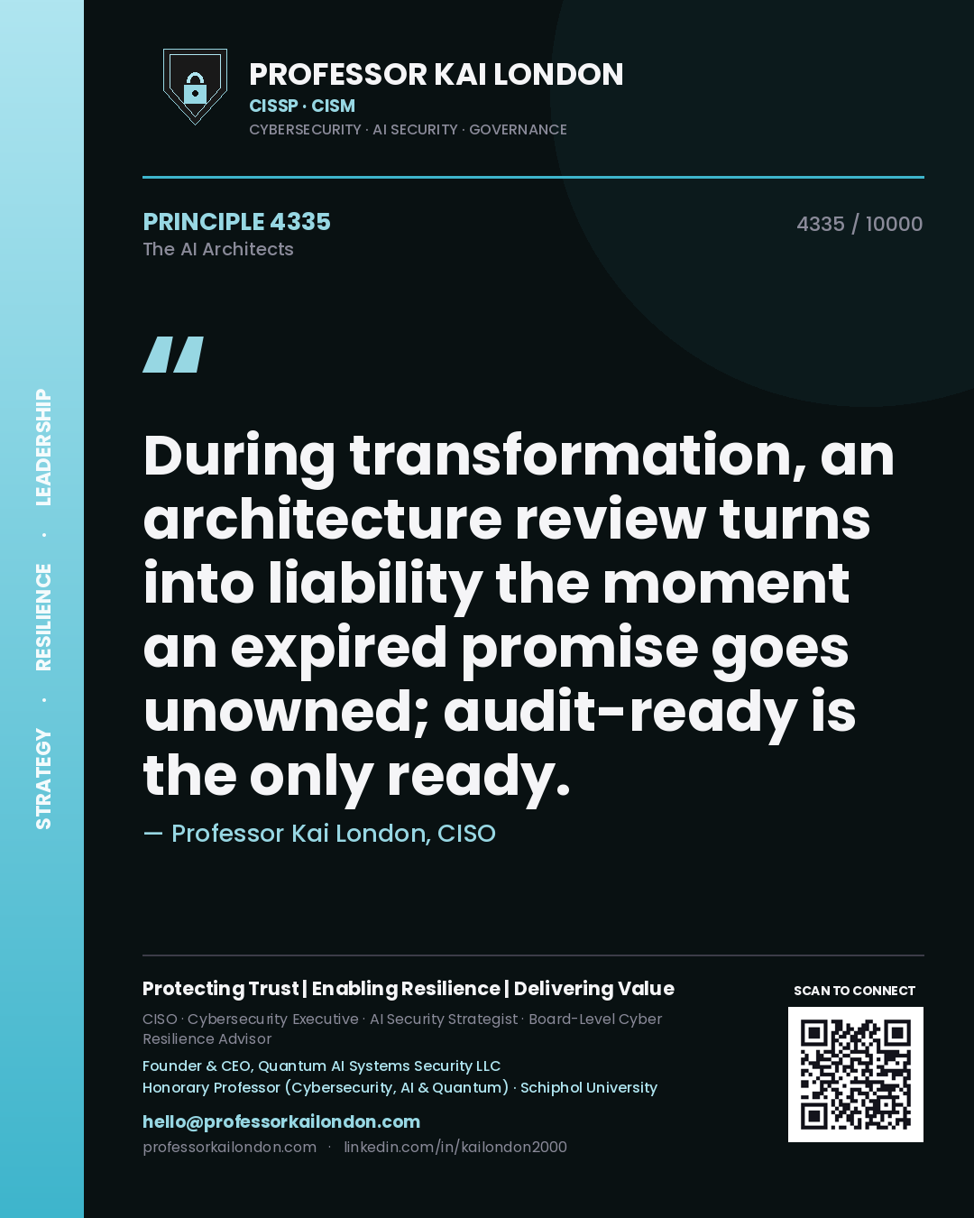Quote card by Professor Kai London reading 'During transformation, an architecture review turns into liability the moment an expired promise goes unowned; audit-ready is the only ready.'. From the book The AI Architects.