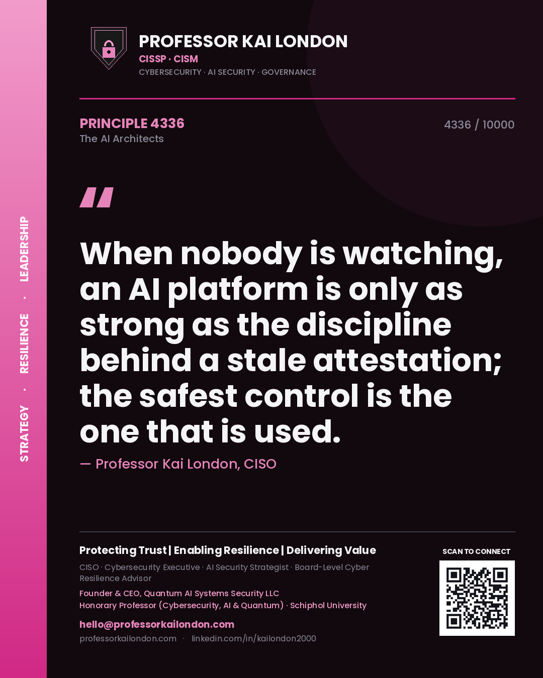 Quote card by Professor Kai London reading 'When nobody is watching, an AI platform is only as strong as the discipline behind a stale attestation; the safest control is the one that is used.'. From the book The AI Architects.