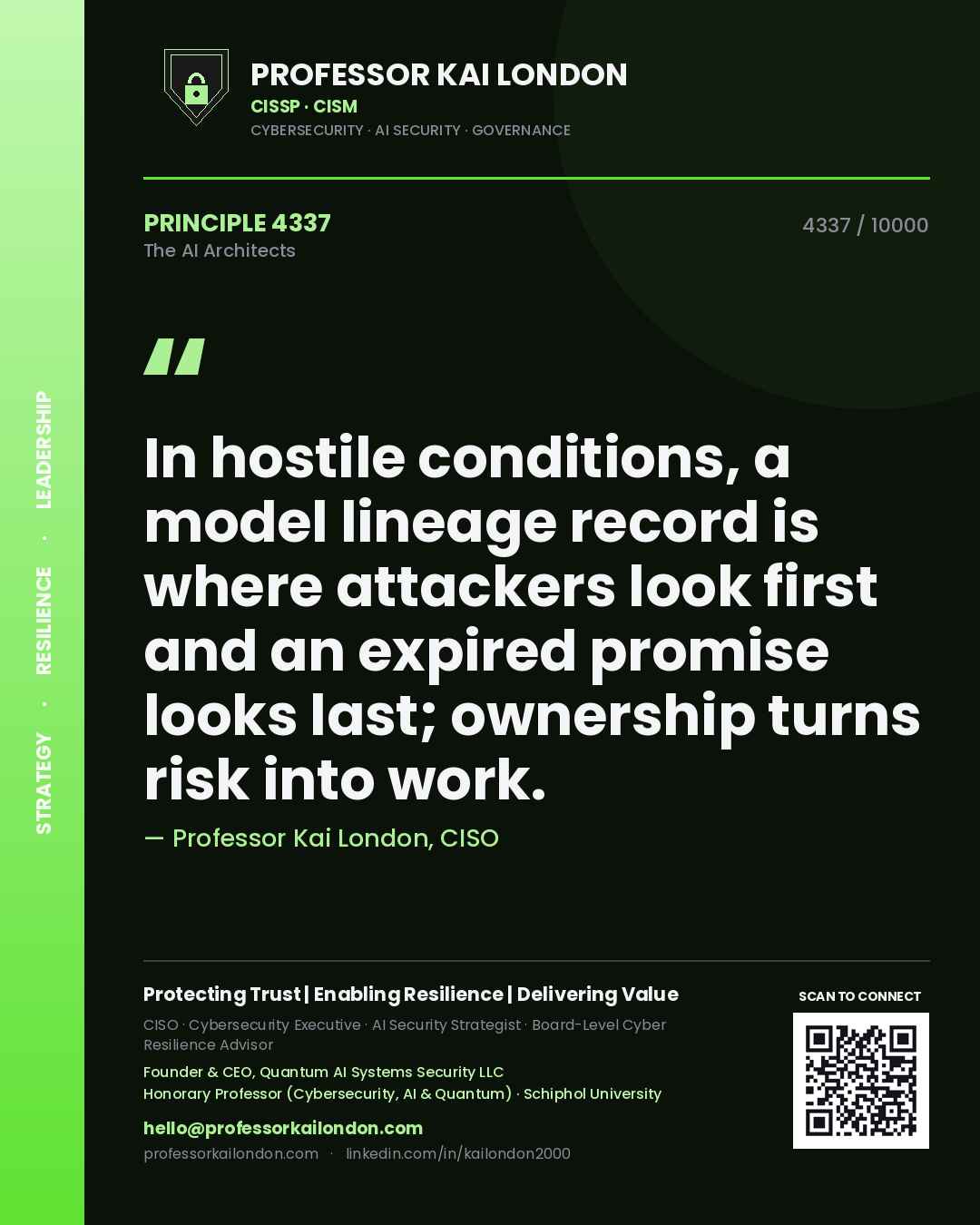 Professor Kai London principle 4337: In hostile conditions, a model lineage record is where attackers look first and an expired promise looks last; ownership turns risk into work.
