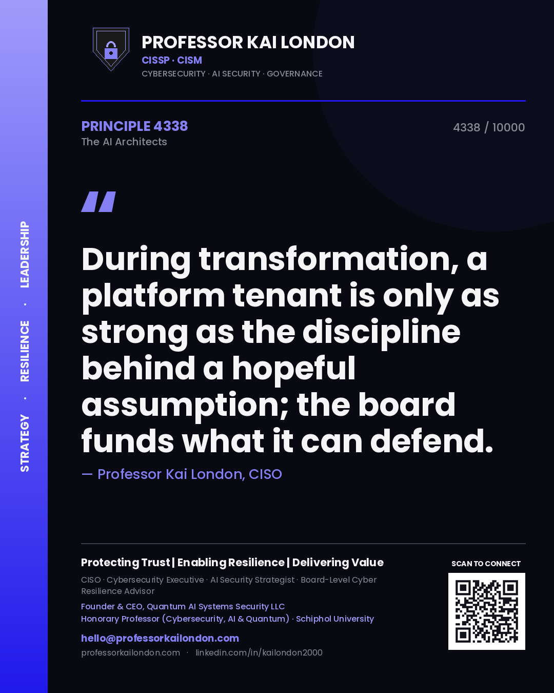 Quote card by Professor Kai London reading 'During transformation, a platform tenant is only as strong as the discipline behind a hopeful assumption; the board funds what it can defend.'. From the book The AI Architects.
