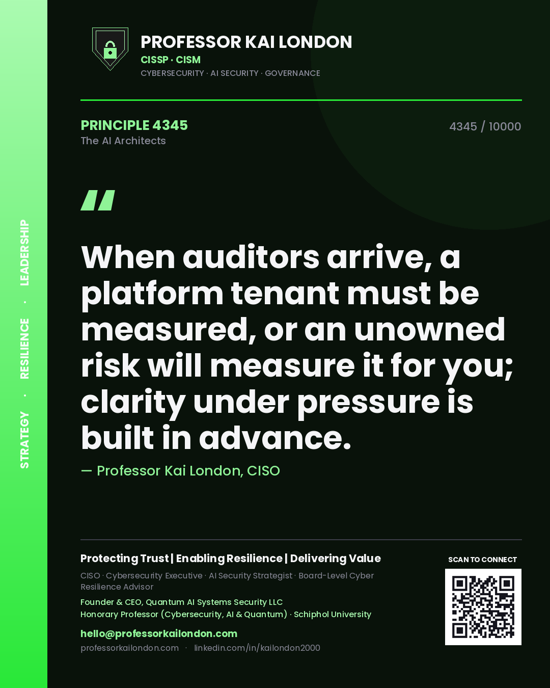 Professor Kai London principle 4345: When auditors arrive, a platform tenant must be measured, or an unowned risk will measure it for you; clarity under pressure is built in advance.