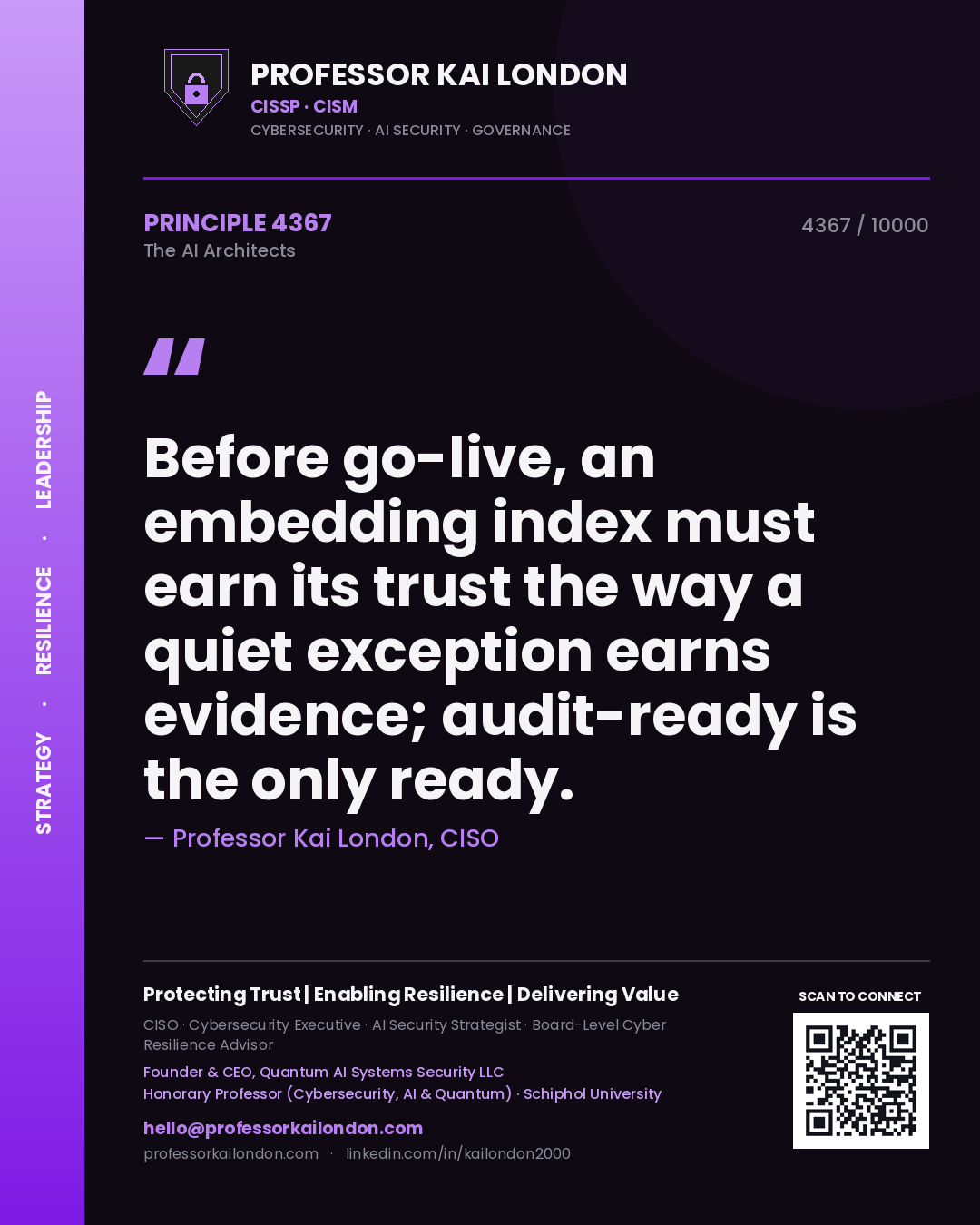 Quote card by Professor Kai London reading 'Before go-live, an embedding index must earn its trust the way a quiet exception earns evidence; audit-ready is the only ready.'. From the book The AI Architects.