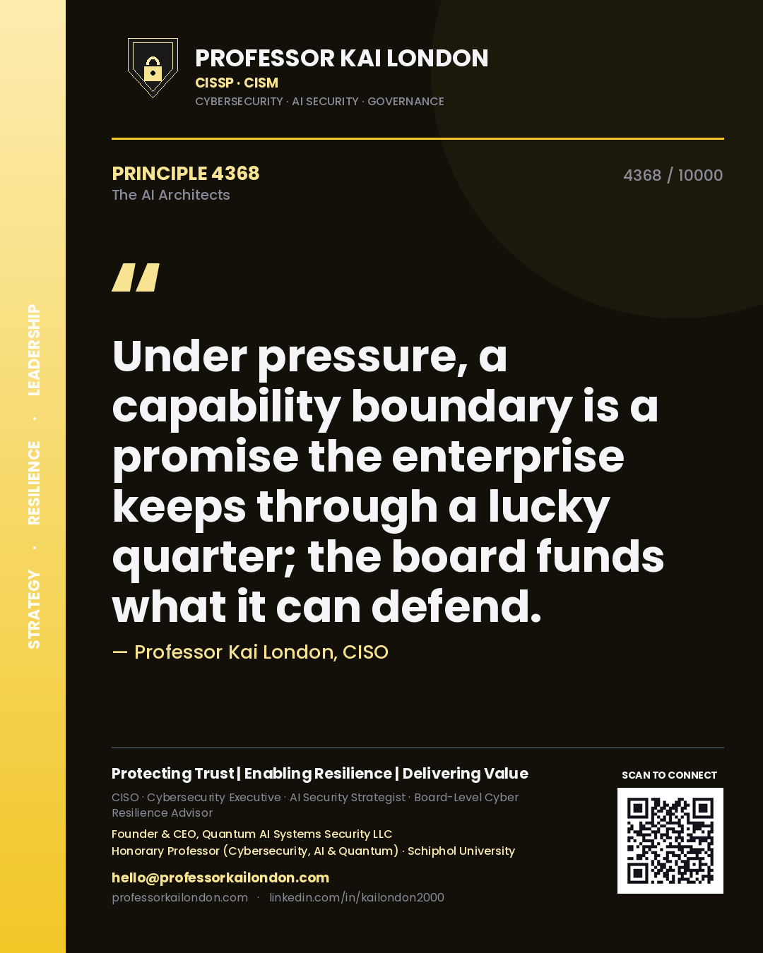 Professor Kai London principle 4368: Under pressure, a capability boundary is a promise the enterprise keeps through a lucky quarter; the board funds what it can defend.