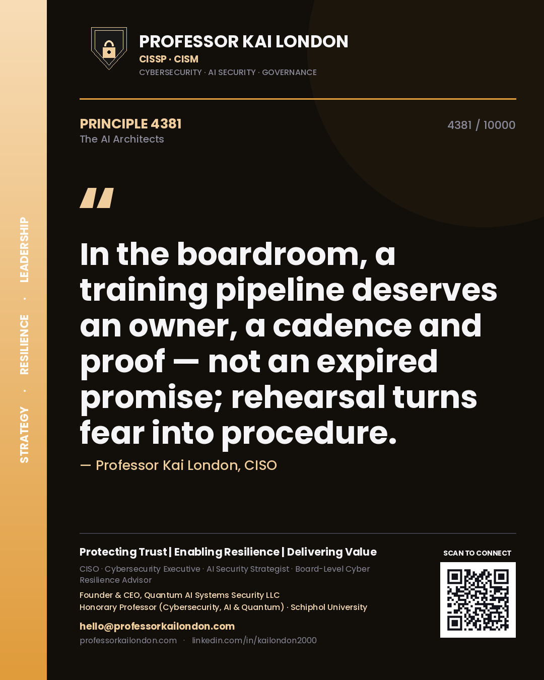 Quote card by Professor Kai London reading 'In the boardroom, a training pipeline deserves an owner, a cadence and proof — not an expired promise; rehearsal turns fear into procedure.'. From the book The AI Architects.