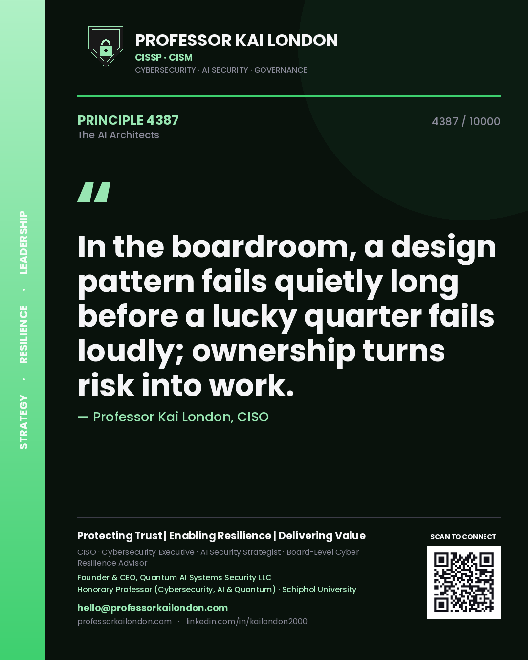 Quote card by Professor Kai London reading 'In the boardroom, a design pattern fails quietly long before a lucky quarter fails loudly; ownership turns risk into work.'. From the book The AI Architects.