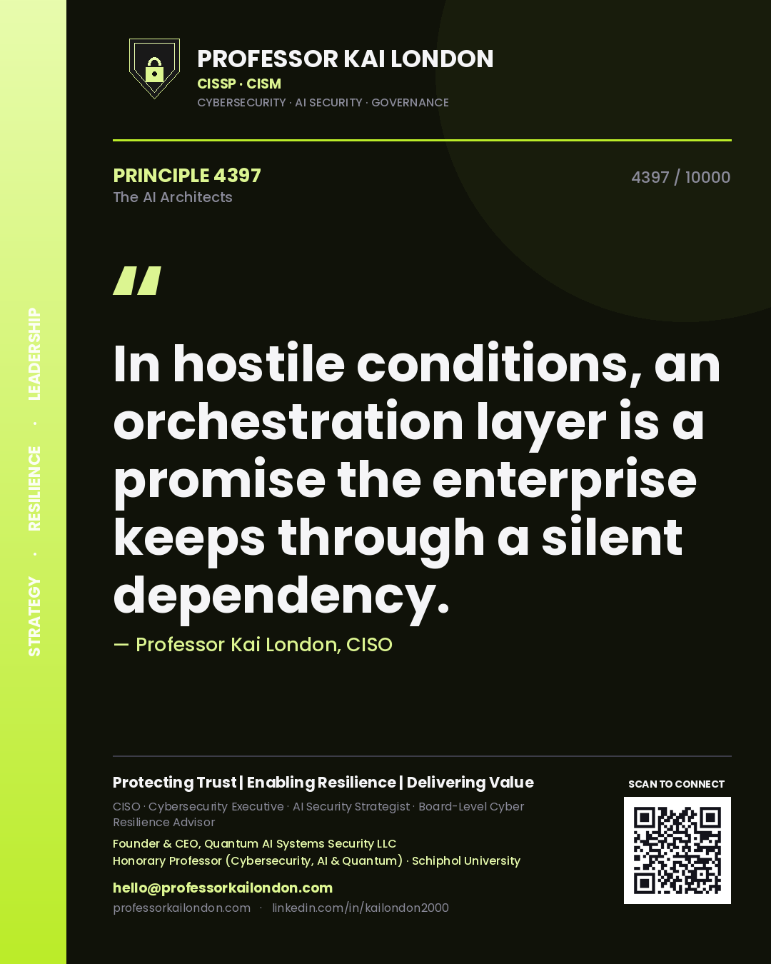 Quote card by Professor Kai London reading 'In hostile conditions, an orchestration layer is a promise the enterprise keeps through a silent dependency.'. From the book The AI Architects.