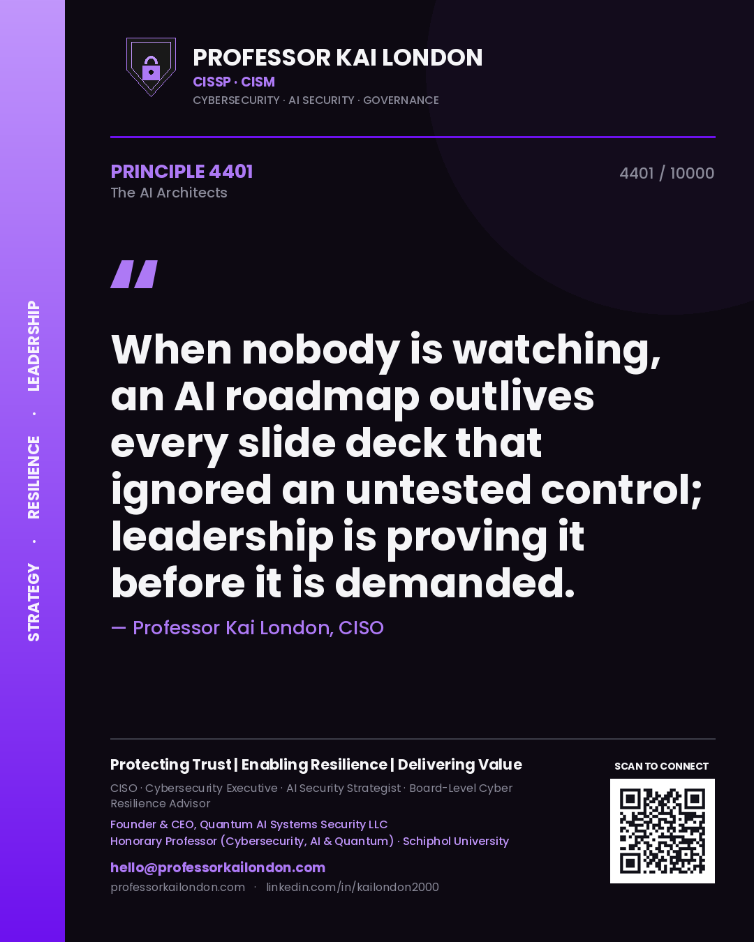 Quote card by Professor Kai London reading 'When nobody is watching, an AI roadmap outlives every slide deck that ignored an untested control; leadership is proving it before it is demanded.'. From the book The AI Architects.