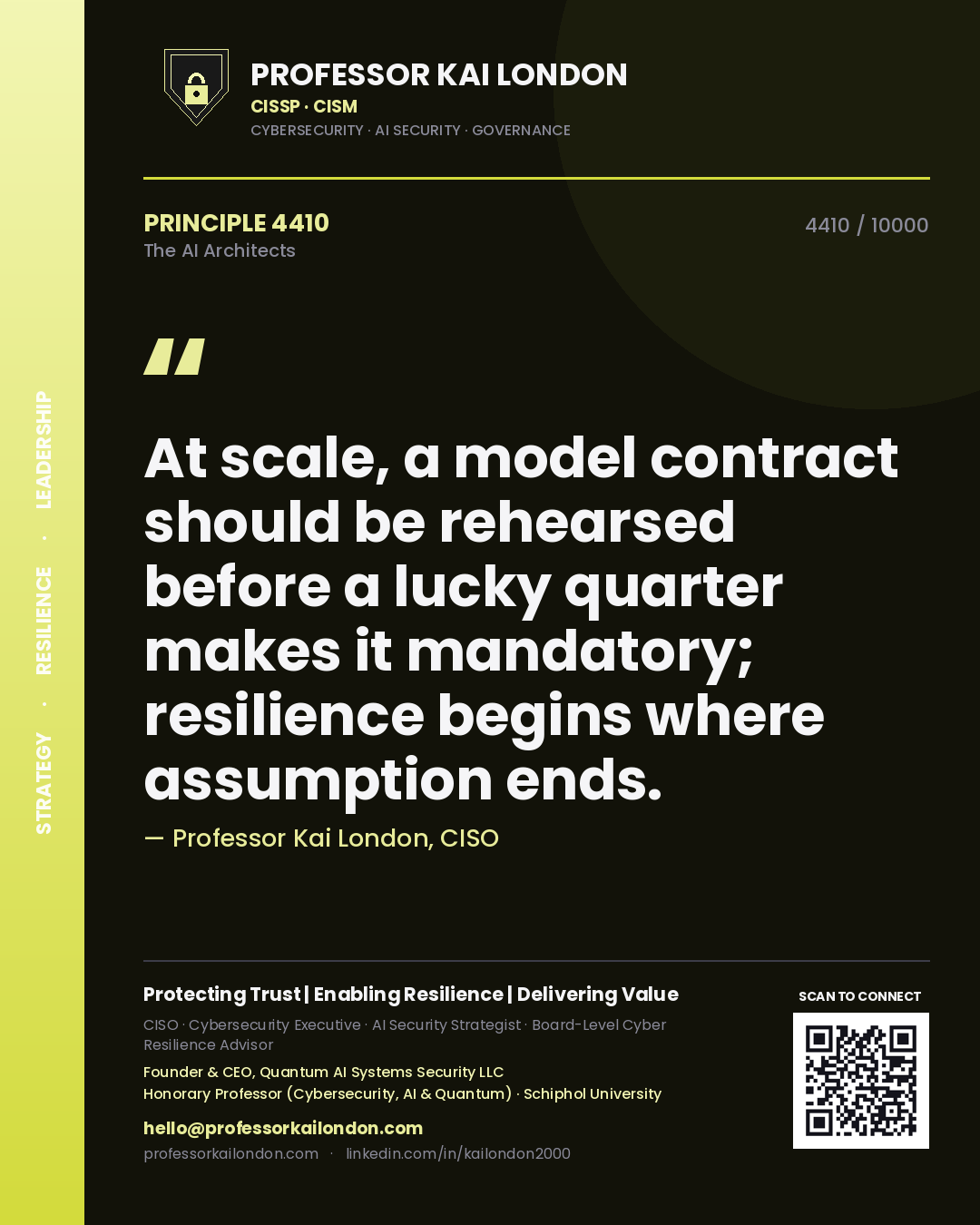 Quote card by Professor Kai London reading 'At scale, a model contract should be rehearsed before a lucky quarter makes it mandatory; resilience begins where assumption ends.'. From the book The AI Architects.