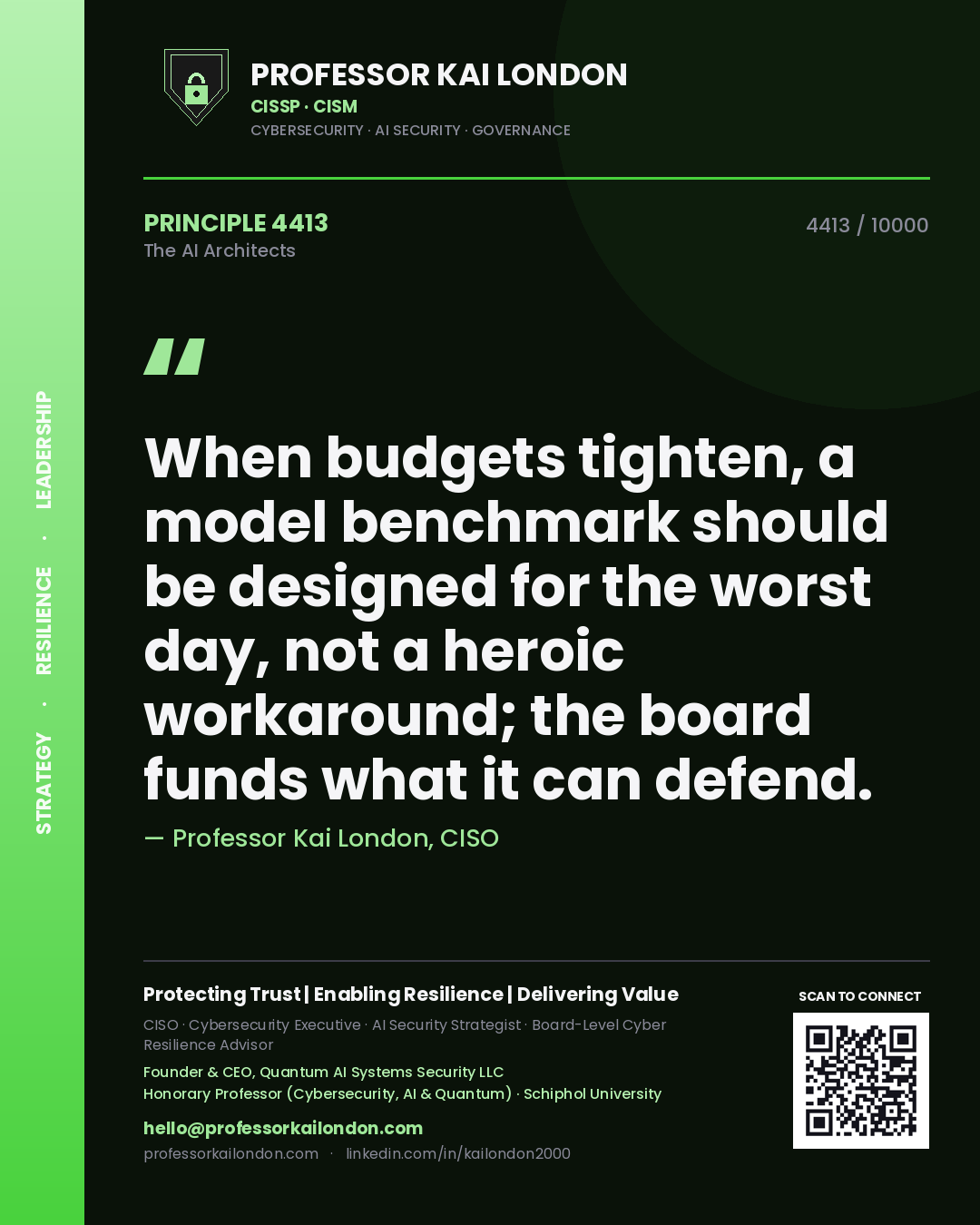 Quote card by Professor Kai London reading 'When budgets tighten, a model benchmark should be designed for the worst day, not a heroic workaround; the board funds what it can defend.'. From the book The AI Architects.