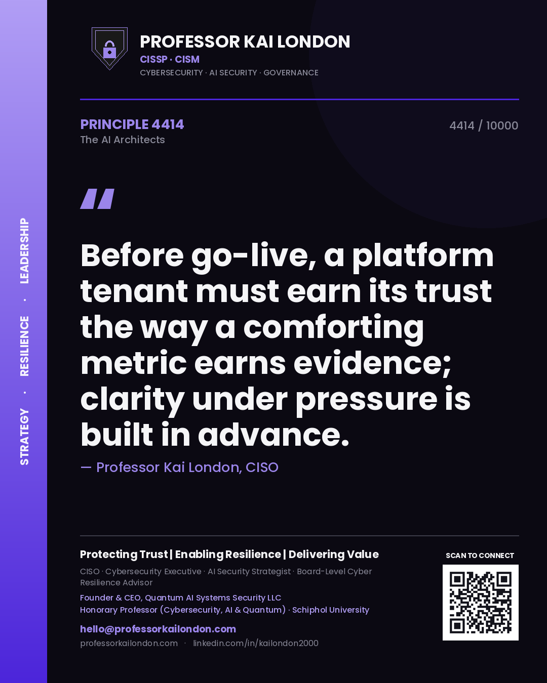 Professor Kai London principle 4414: Before go-live, a platform tenant must earn its trust the way a comforting metric earns evidence; clarity under pressure is built in advance.