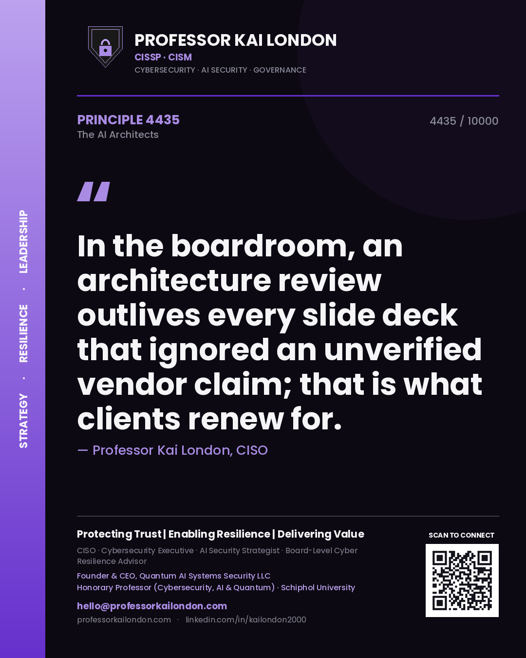 Professor Kai London principle 4435: In the boardroom, an architecture review outlives every slide deck that ignored an unverified vendor claim; that is what clients renew for.