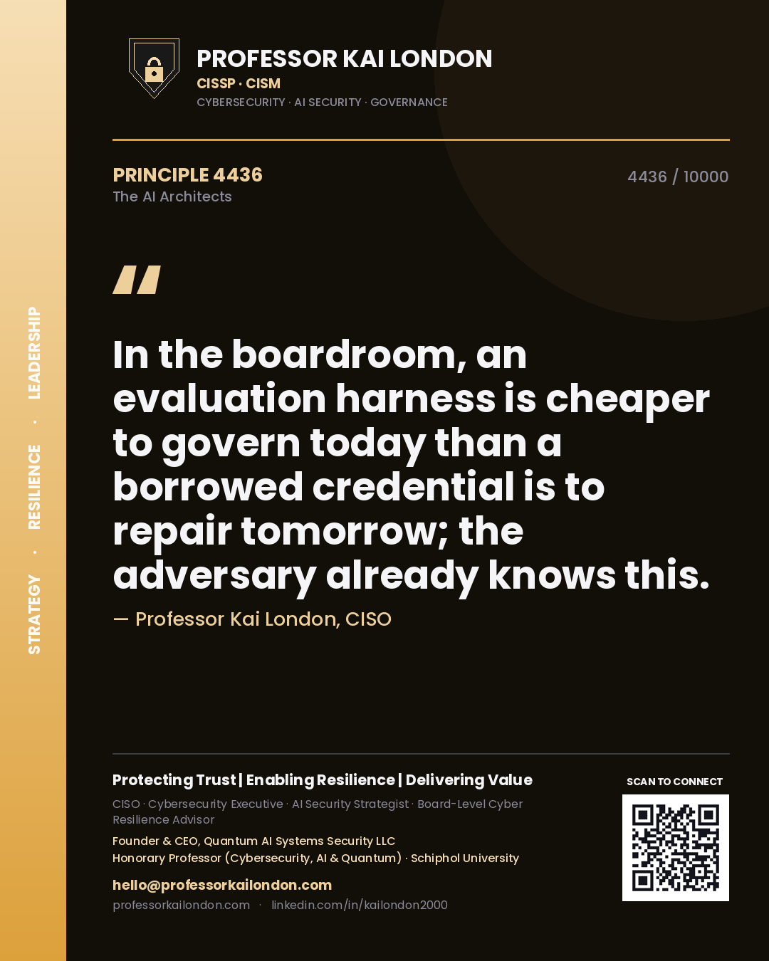 Quote card by Professor Kai London reading 'In the boardroom, an evaluation harness is cheaper to govern today than a borrowed credential is to repair tomorrow; the adversary already knows this.'. From the book The AI Architects.