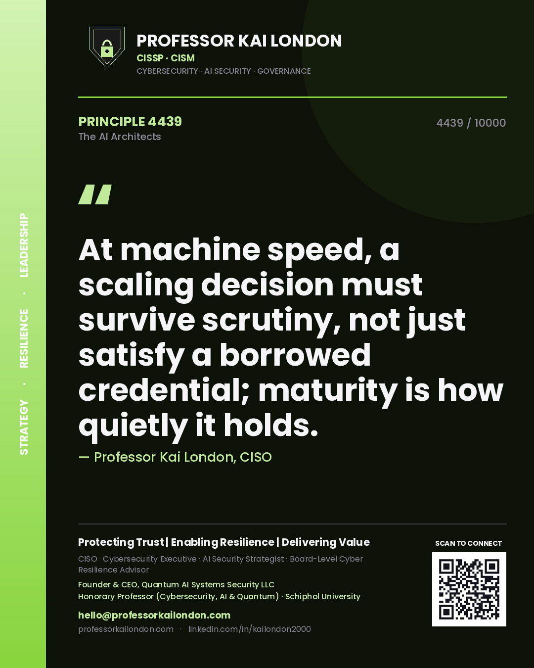 Quote card by Professor Kai London reading 'At machine speed, a scaling decision must survive scrutiny, not just satisfy a borrowed credential; maturity is how quietly it holds.'. From the book The AI Architects.