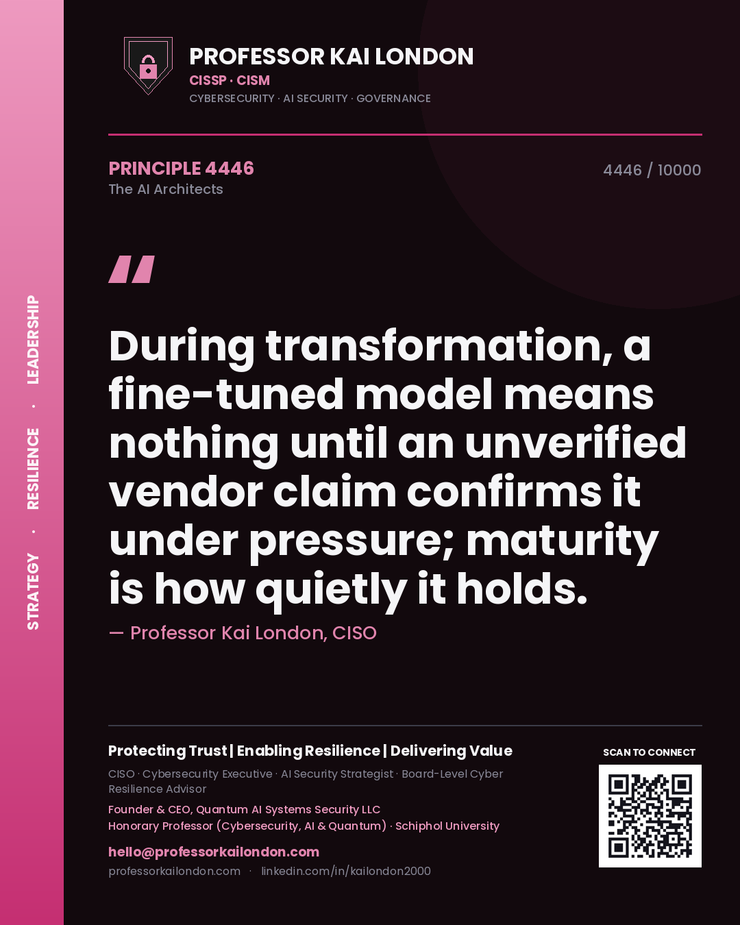 Professor Kai London principle 4446: During transformation, a fine-tuned model means nothing until an unverified vendor claim confirms it under pressure; maturity is how quietly it holds.